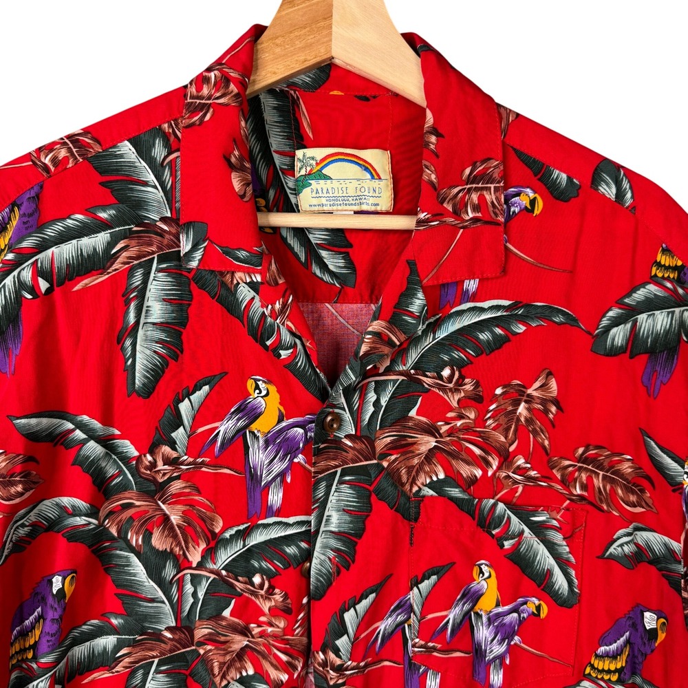 Paradise Found Hawaiian Shirt Mens Large Red Parrot Palm Leaf Rayon Button Down